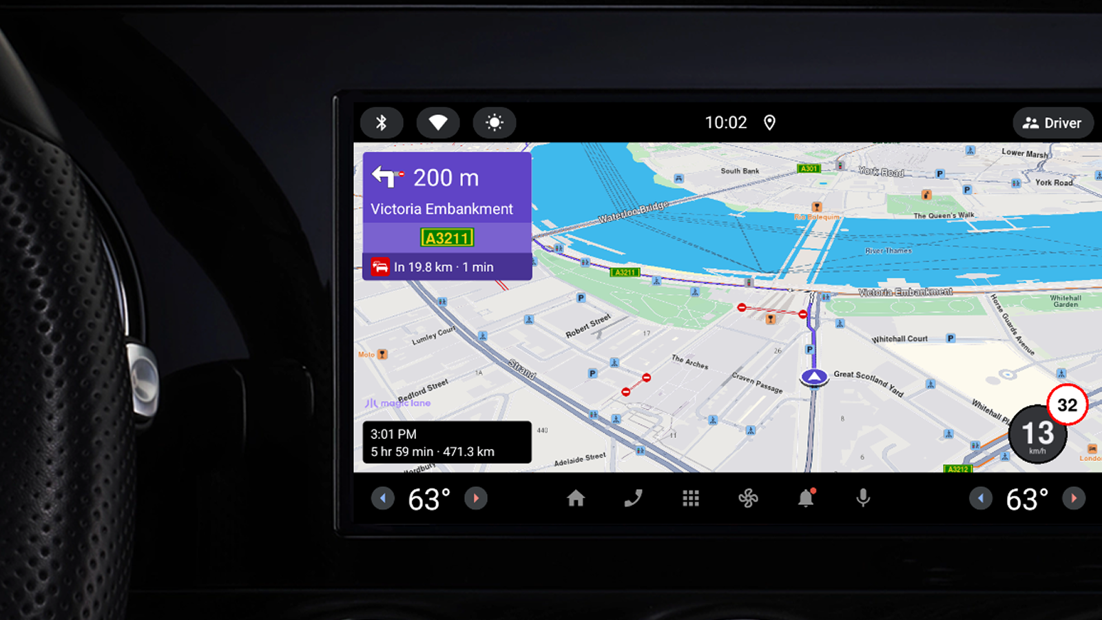 Magic Lane in-dash navigation showing offline maps with real-time traffic and speed limit display